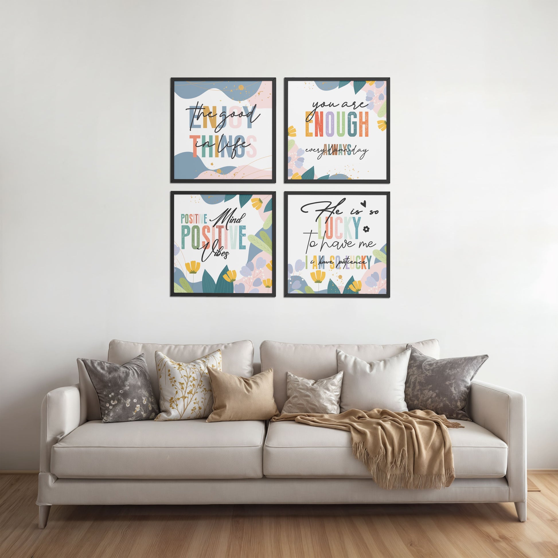 Living Room Sofa Preview of Stay Grateful Positive Vibes Quote Frames Set of 4 in Black Color Frame