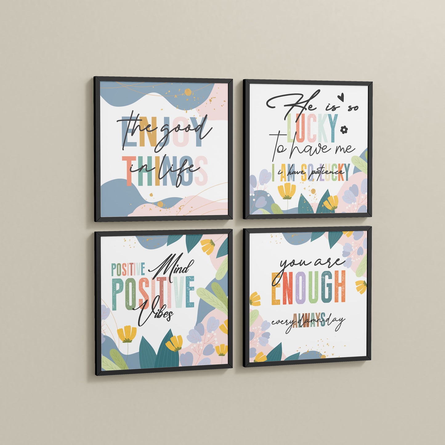 Side View of Stay Grateful Positive Vibes Quote Frames Set of 4 in Black Color Frame