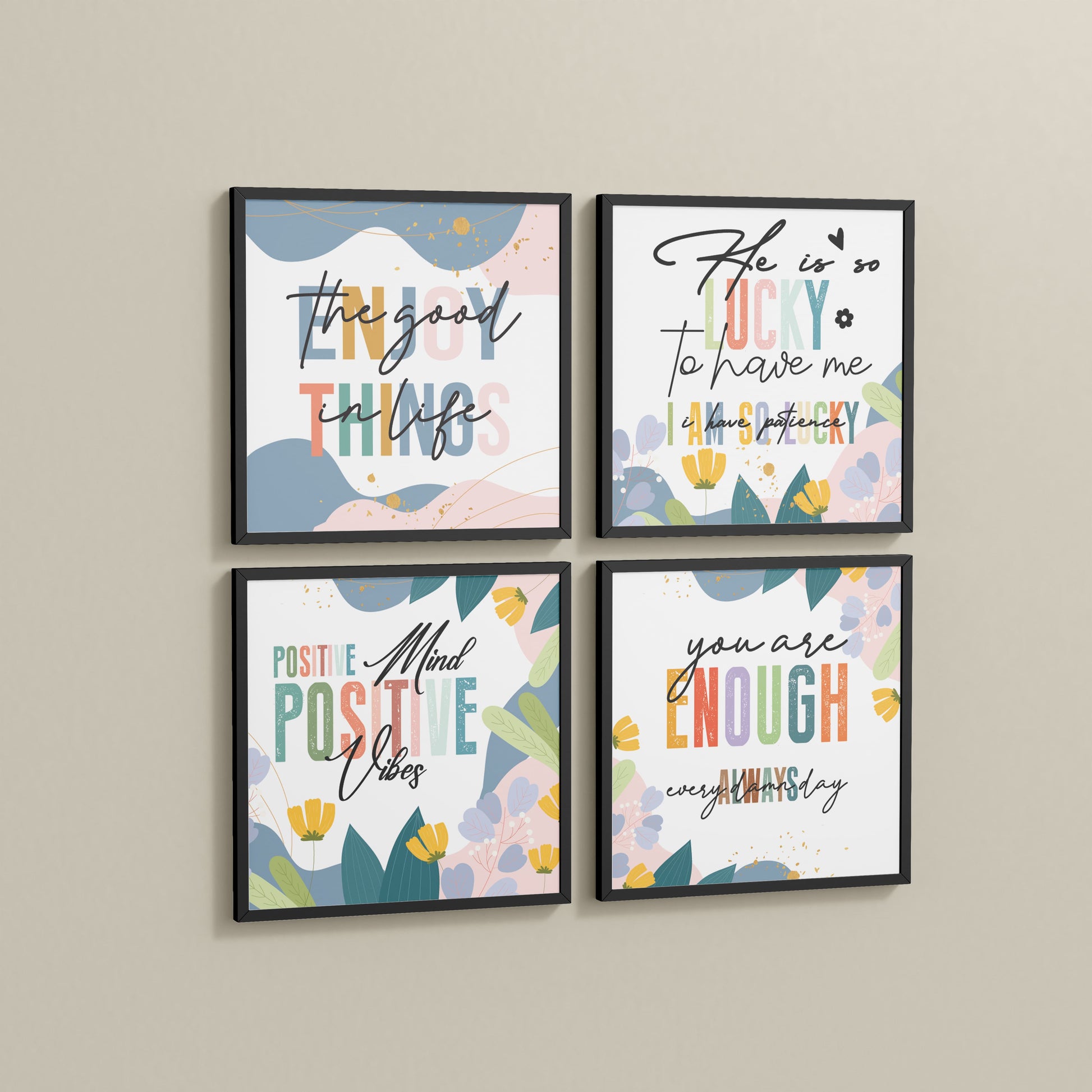Side View of Stay Grateful Positive Vibes Quote Frames Set of 4 in Black Color Frame