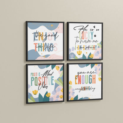 Side View of Stay Grateful Positive Vibes Quote Frames Set of 4 in Black Color Frame