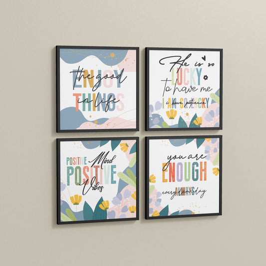 Side View of Stay Grateful Positive Vibes Quote Frames Set of 4 in Black Color Frame