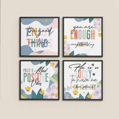 Wall View of Stay Grateful Positive Vibes Quote Frames Set of 4 in Black Color Frame