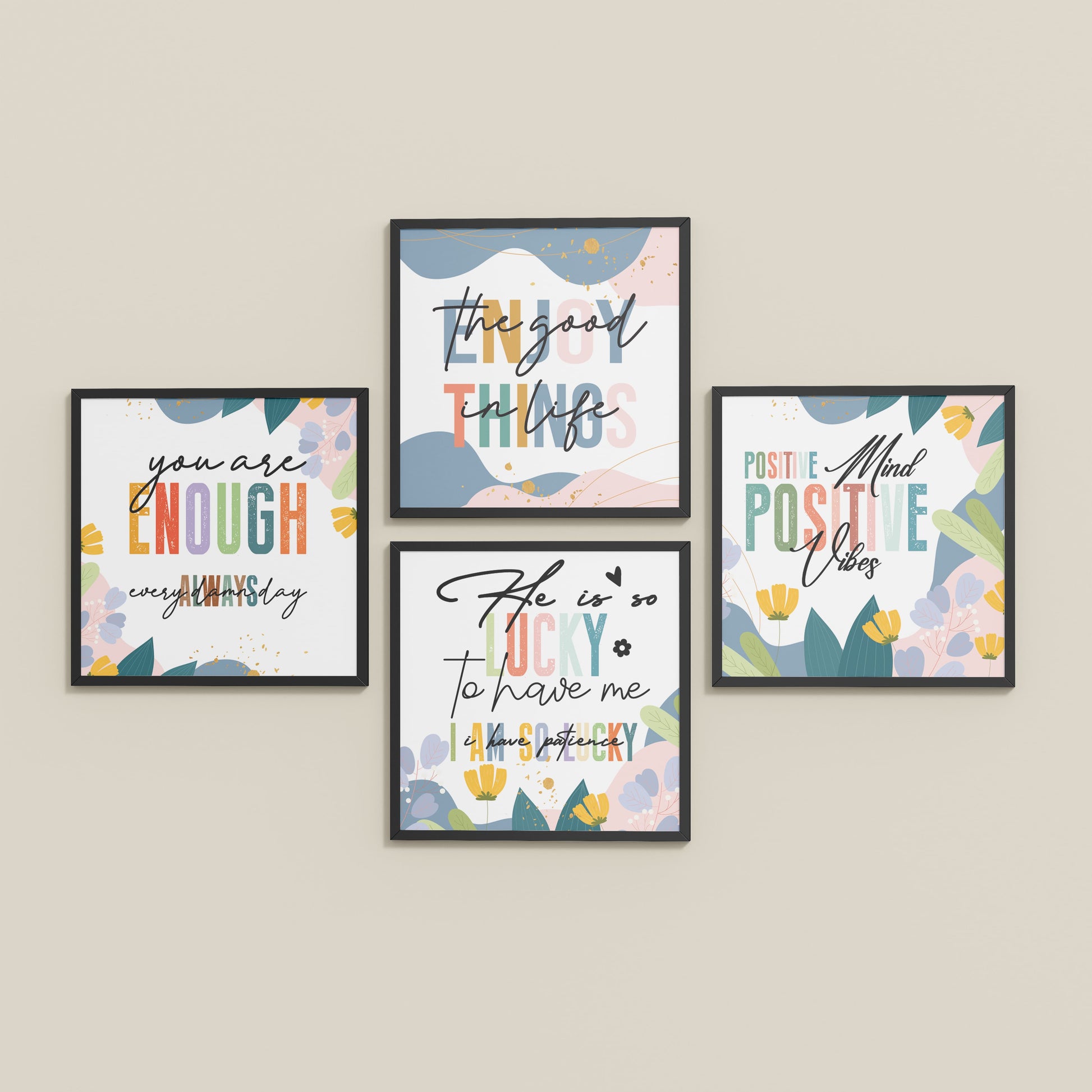 Inclined Floor View of Stay Grateful Positive Vibes Quote Frames Set of 4 in Black Color Frame