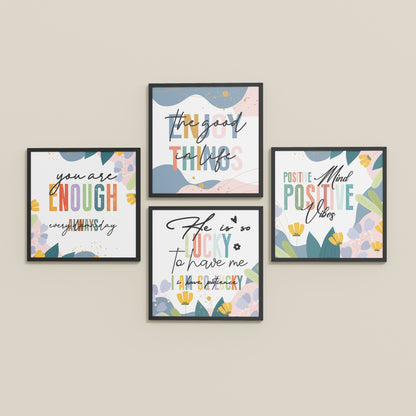 Inclined Floor View of Stay Grateful Positive Vibes Quote Frames Set of 4 in Black Color Frame