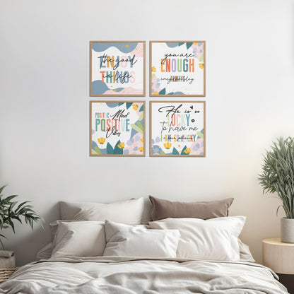 Bed Room Preview of Stay Grateful Positive Vibes Quote Frames Set of 4 in Natrual Color Frame