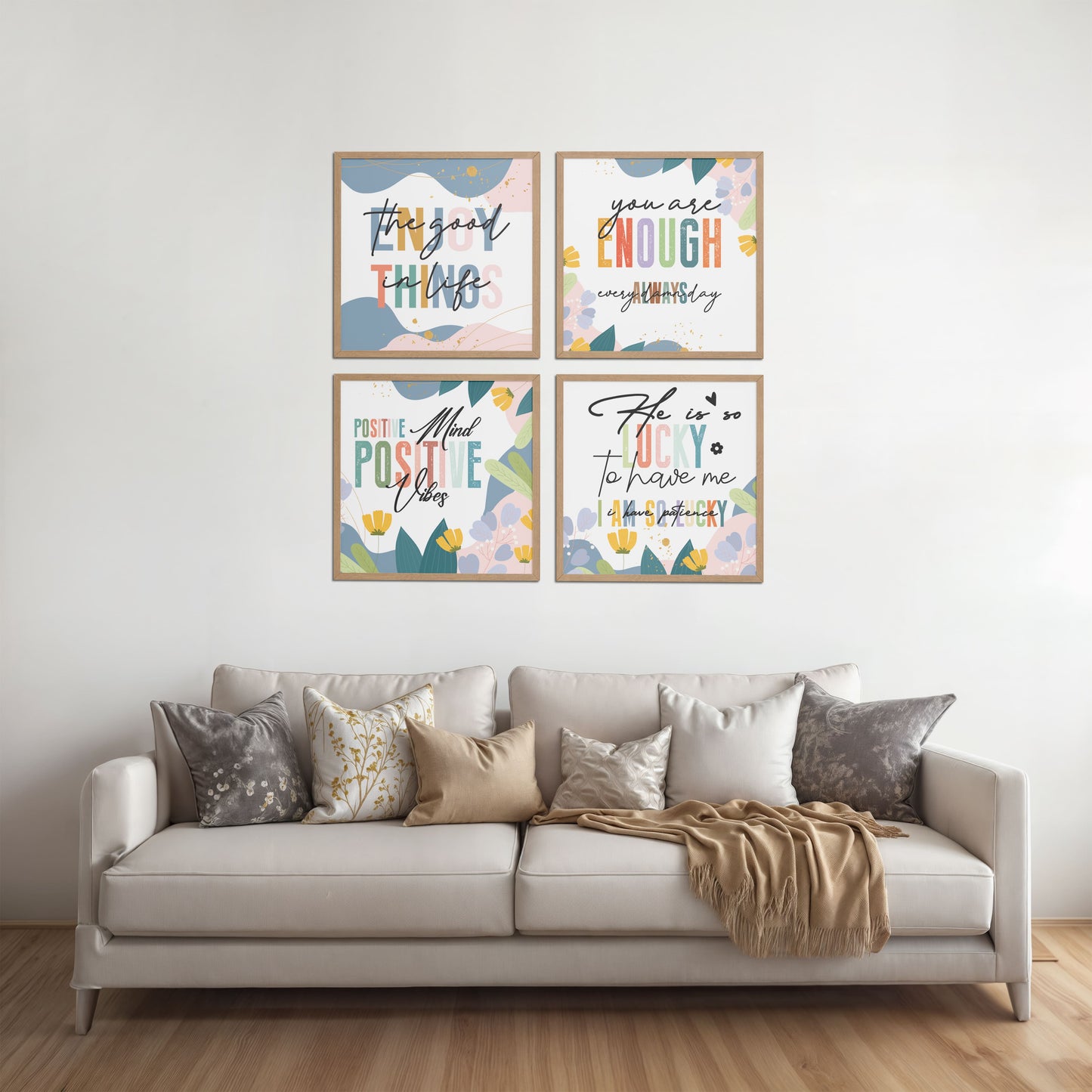 Living Room Sofa Preview of Stay Grateful Positive Vibes Quote Frames Set of 4 in Natrual Color Frame