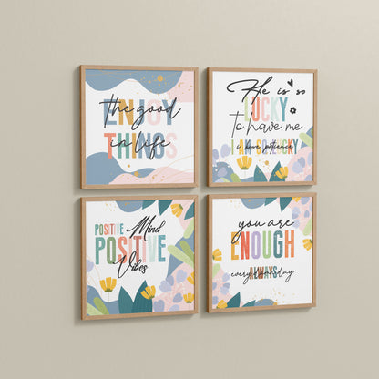 Side View of Stay Grateful Positive Vibes Quote Frames Set of 4 in Natrual Color Frame