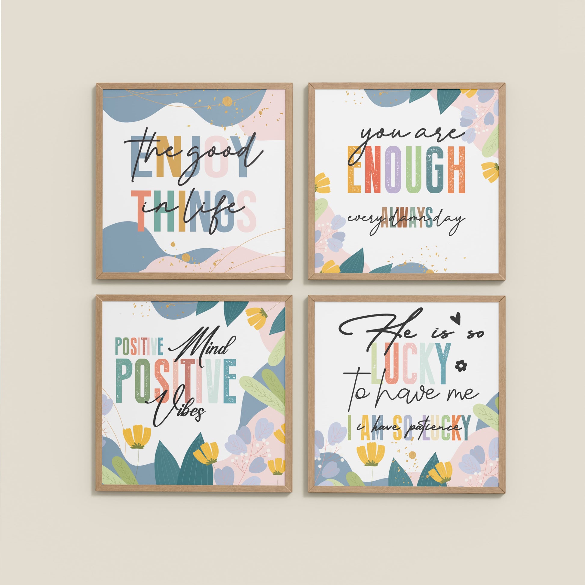 Wall View of Stay Grateful Positive Vibes Quote Frames Set of 4 in Natrual Color Frame