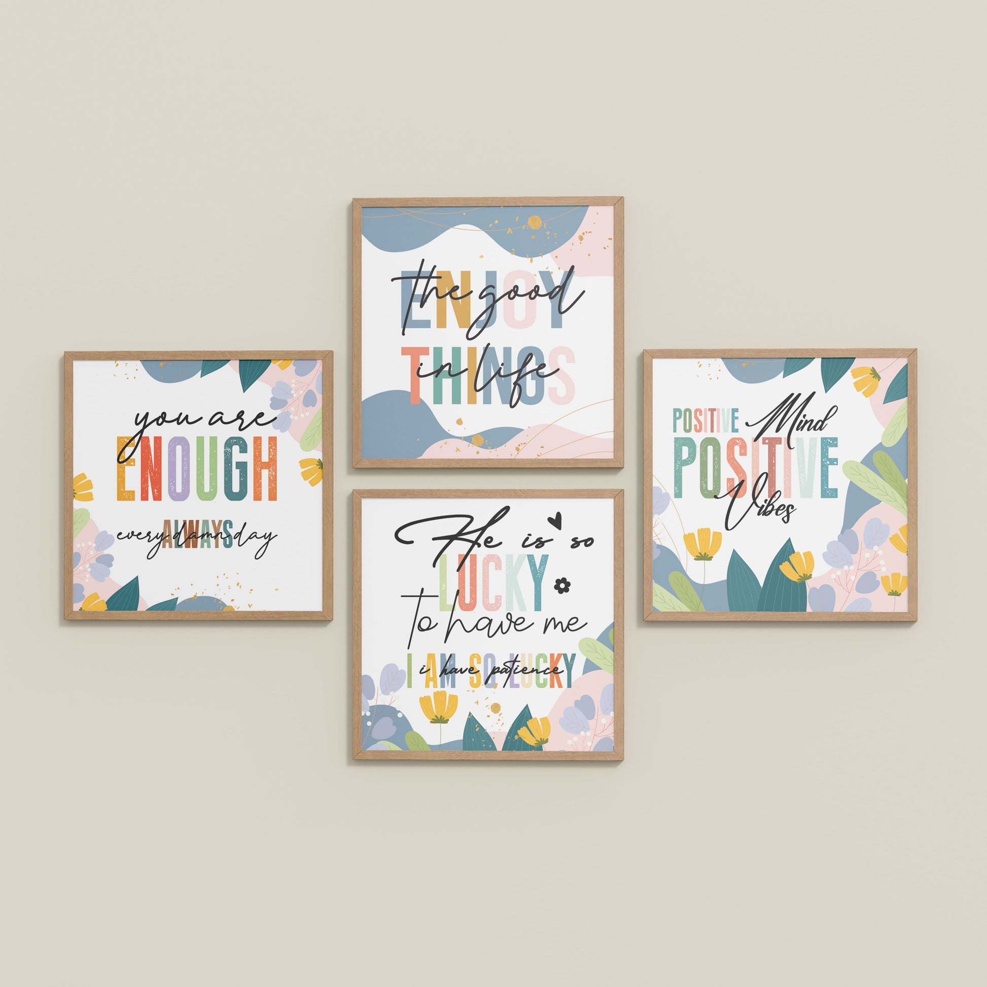 Inclined Floor View of Stay Grateful Positive Vibes Quote Frames Set of 4 in Natrual Color Frame