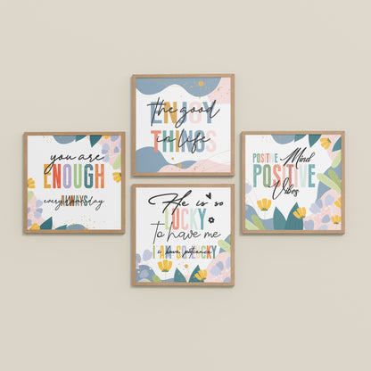 Inclined Floor View of Stay Grateful Positive Vibes Quote Frames Set of 4 in Natrual Color Frame