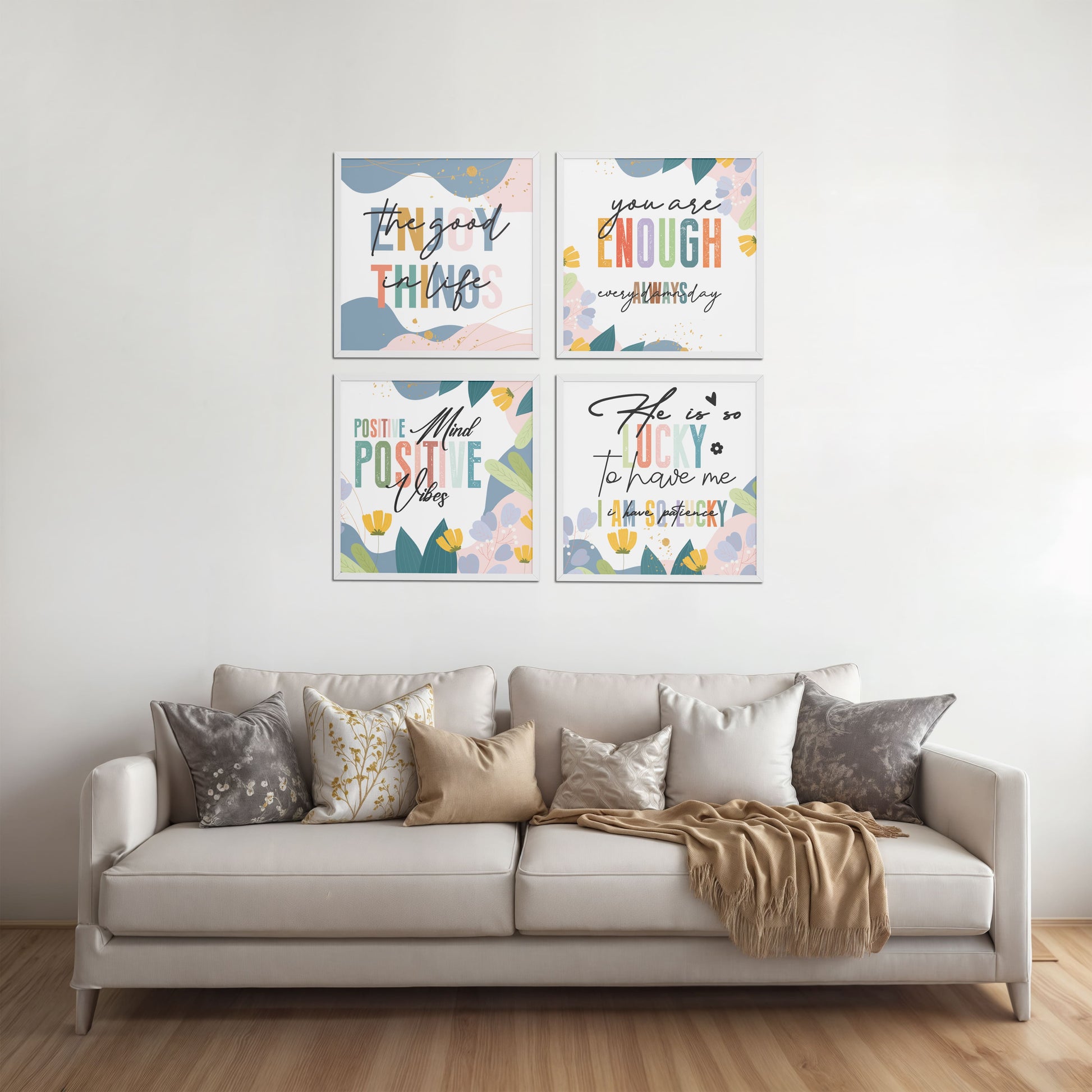 Living Room Sofa Preview of Stay Grateful Positive Vibes Quote Frames Set of 4 in White Color Frame