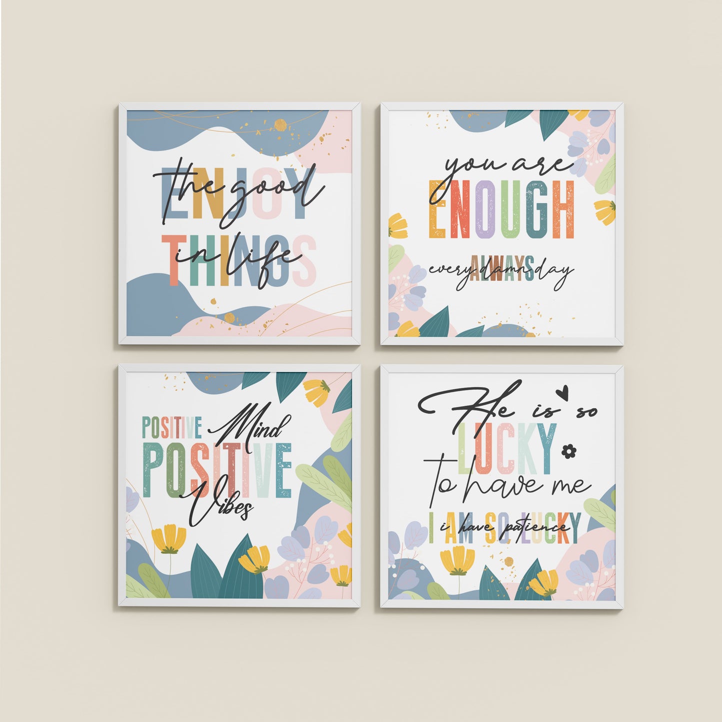 Wall View of Stay Grateful Positive Vibes Quote Frames Set of 4 in White Color Frame