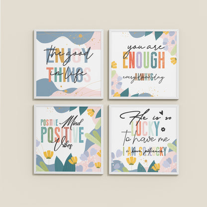 Wall View of Stay Grateful Positive Vibes Quote Frames Set of 4 in White Color Frame