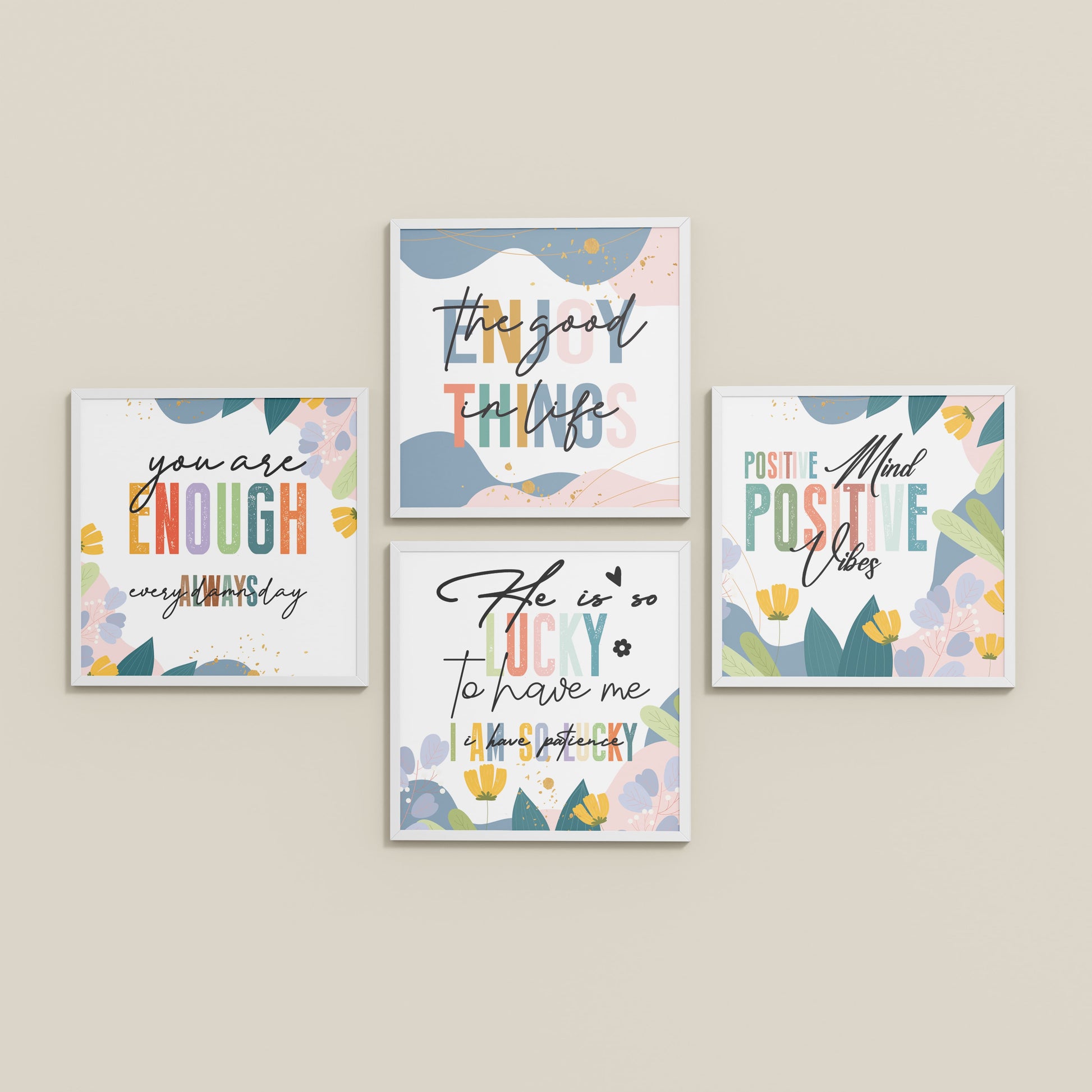 Inclined Floor View of Stay Grateful Positive Vibes Quote Frames Set of 4 in White Color Frame