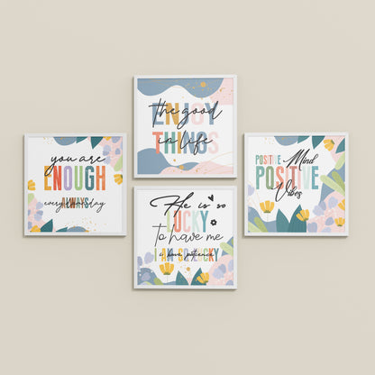 Inclined Floor View of Stay Grateful Positive Vibes Quote Frames Set of 4 in White Color Frame