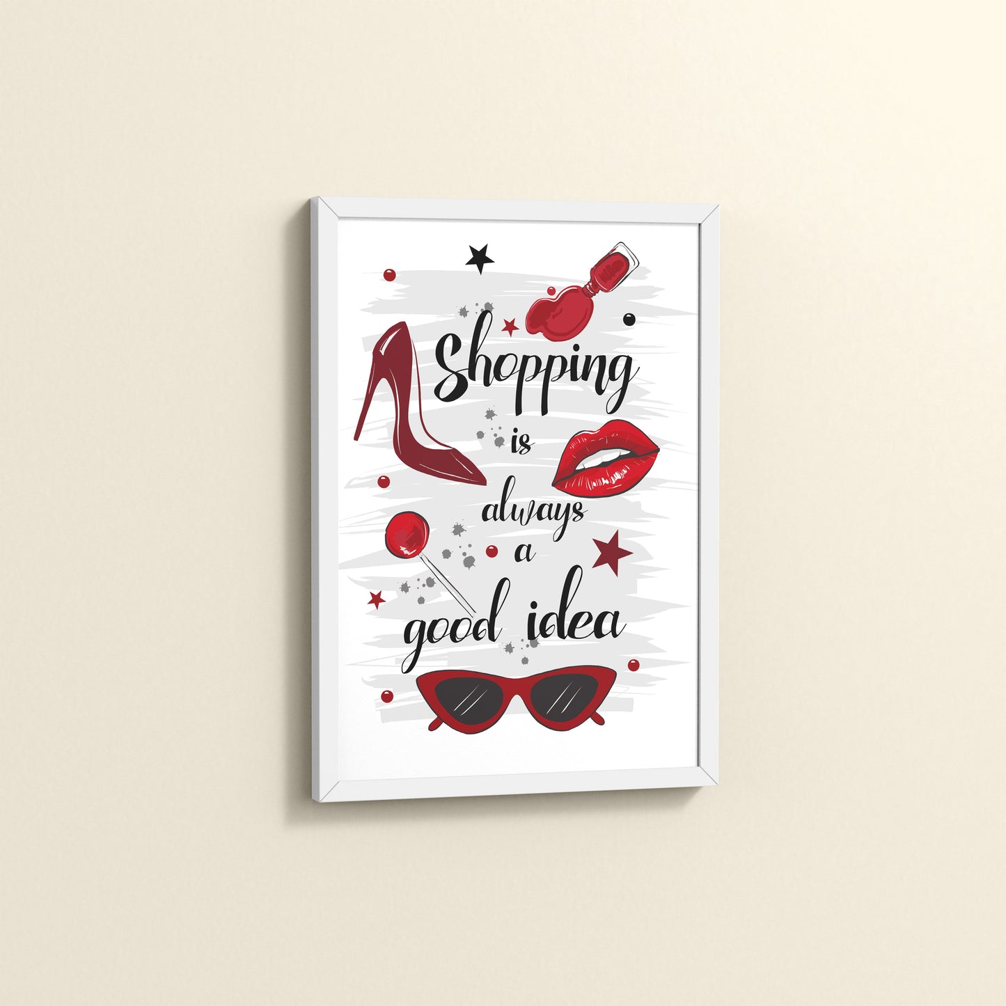 Side View of Shopaholic Mood – Fashion Wall Art Frame in White Color Frame