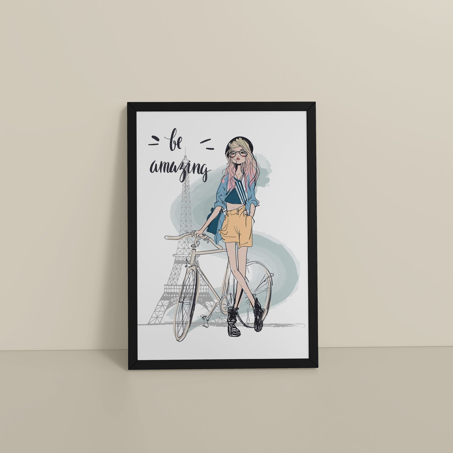 Floor View of Sunny Days – Girl with Bicycle Photo Frame in Black Color Frame