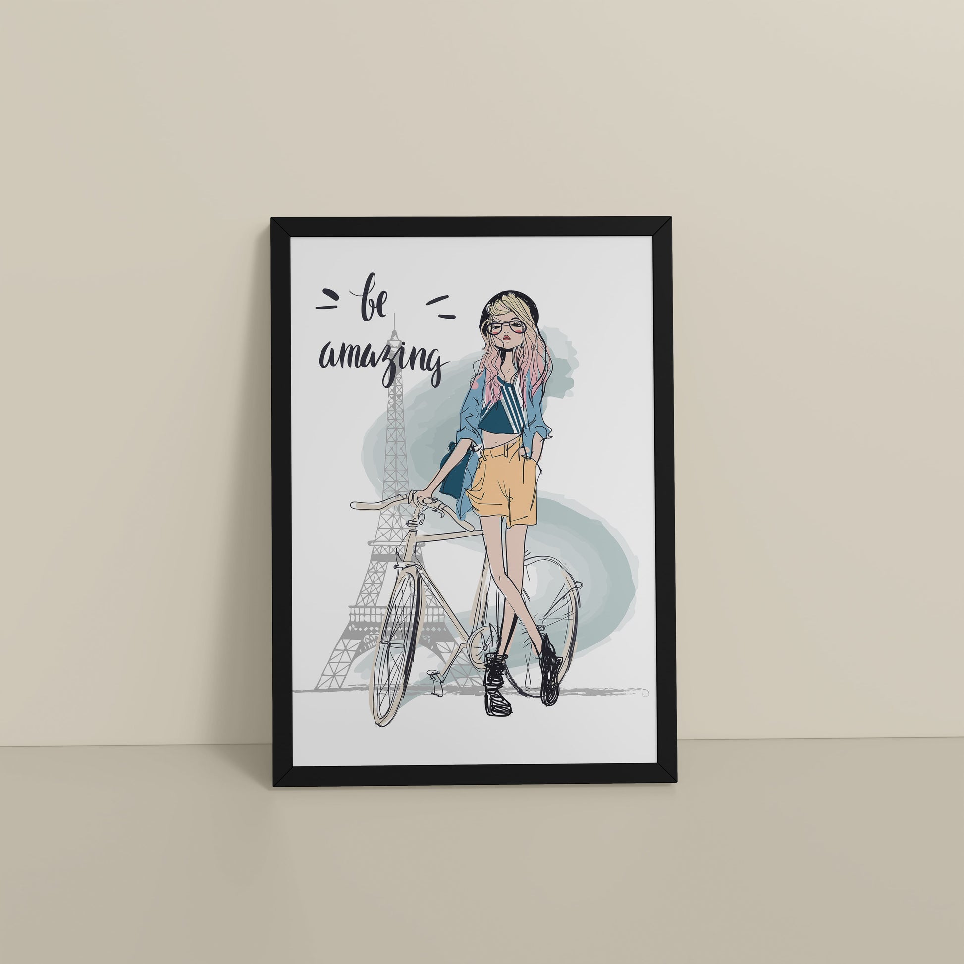 Floor View of Sunny Days – Girl with Bicycle Photo Frame in Black Color Frame