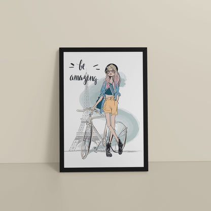 Floor View of Sunny Days – Girl with Bicycle Photo Frame in Black Color Frame
