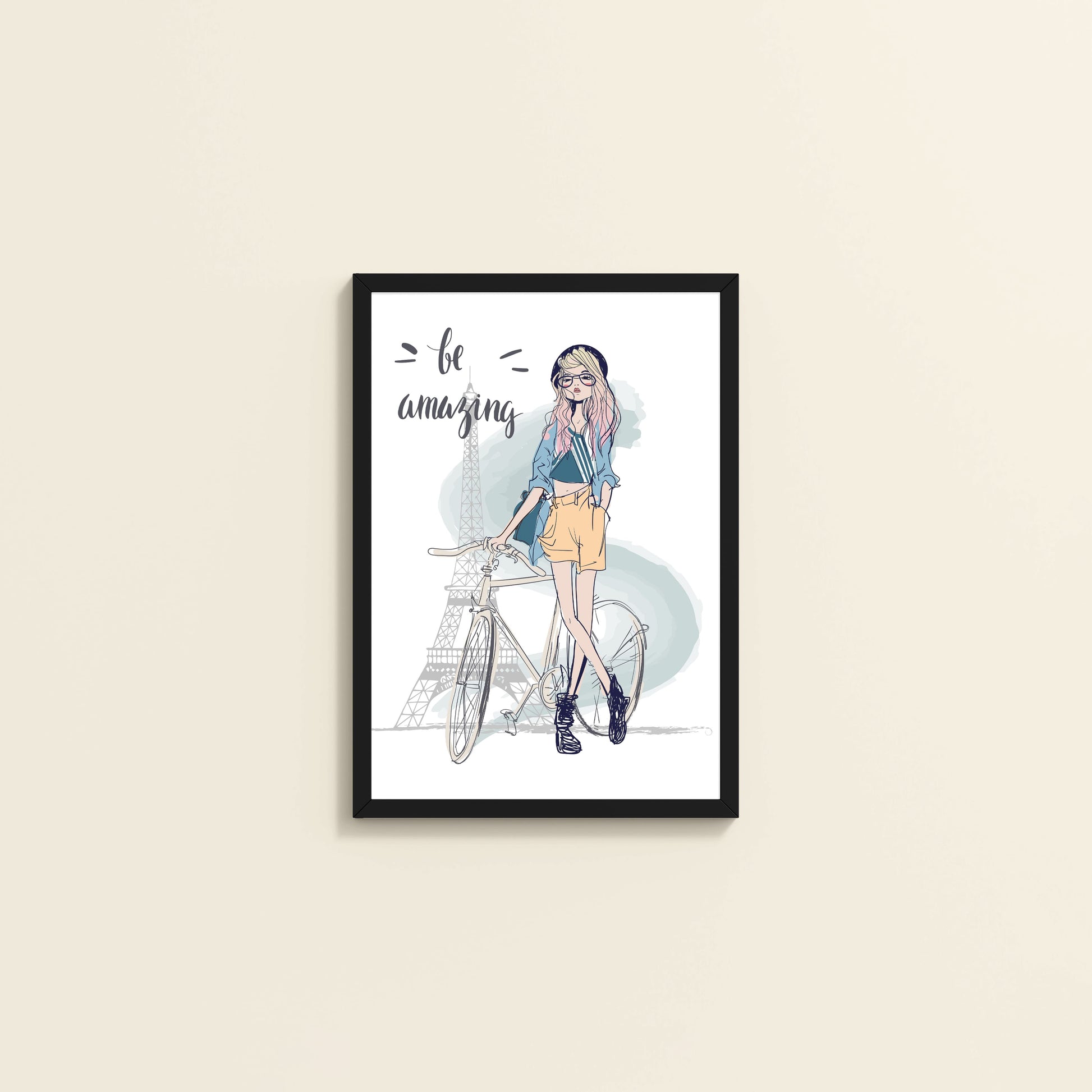 Wall View of Sunny Days – Girl with Bicycle Photo Frame in Black Color Frame