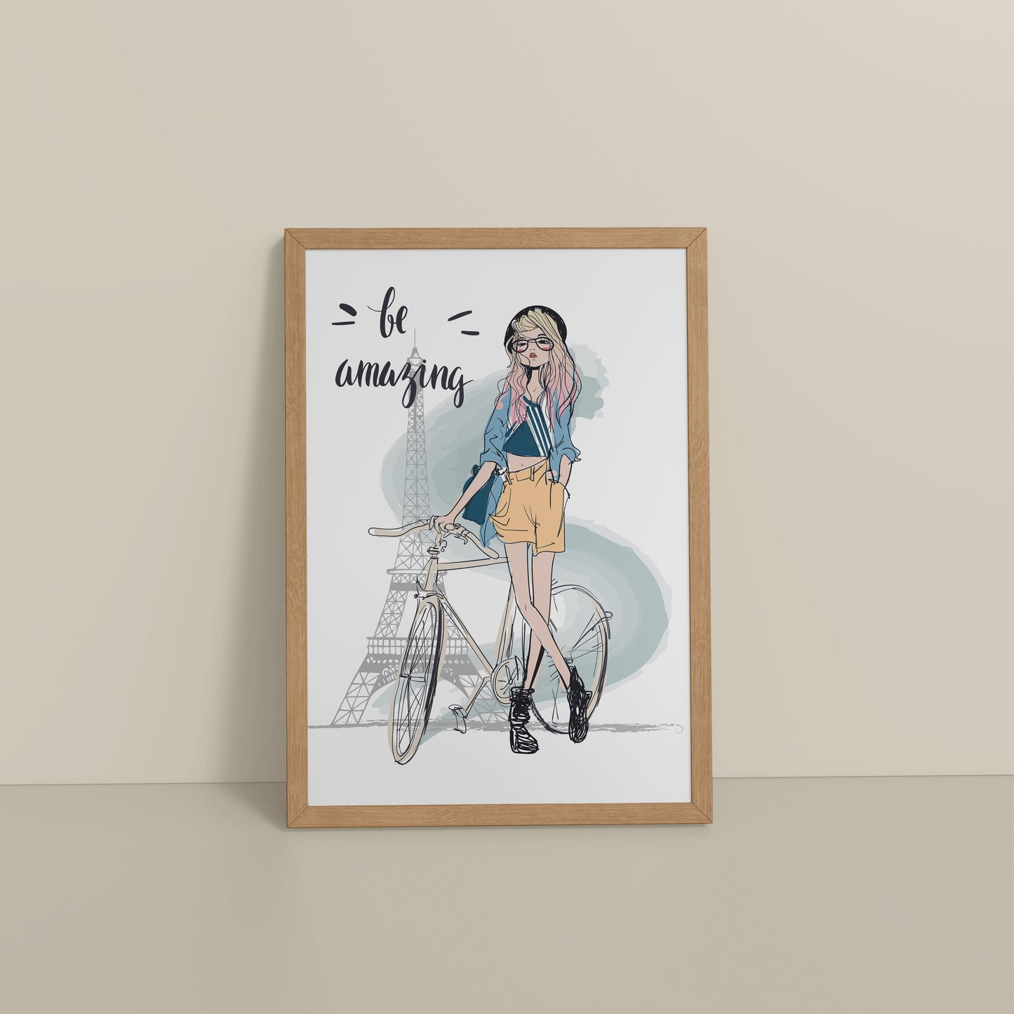 Floor View of Sunny Days – Girl with Bicycle Photo Frame in Natrual Color Frame