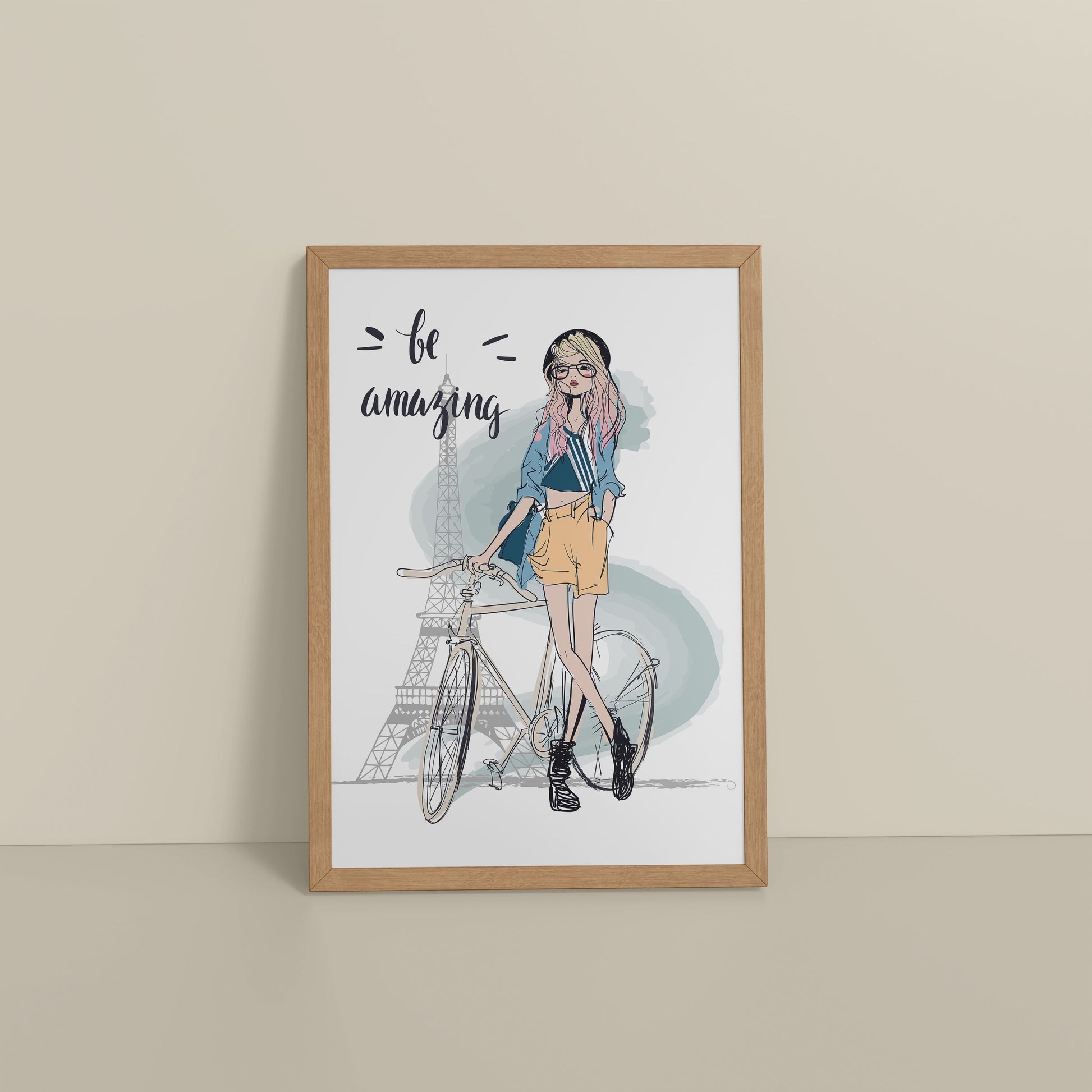 Floor View of Sunny Days – Girl with Bicycle Photo Frame in Natrual Color Frame