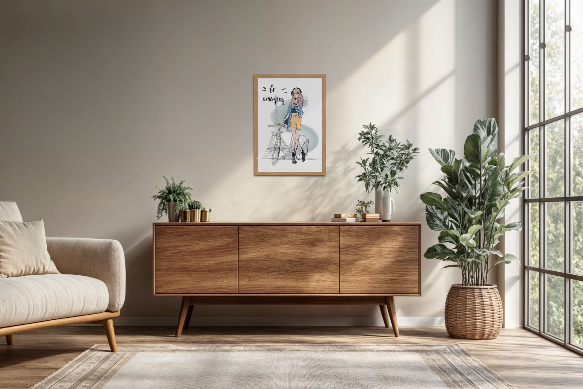 Living Room Cabinet Preview of Sunny Days – Girl with Bicycle Photo Frame in Natrual Color Frame