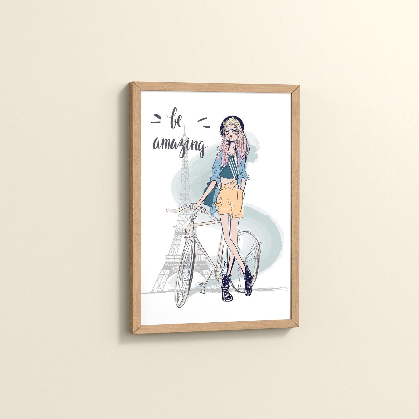 Side View of Sunny Days – Girl with Bicycle Photo Frame in Natrual Color Frame