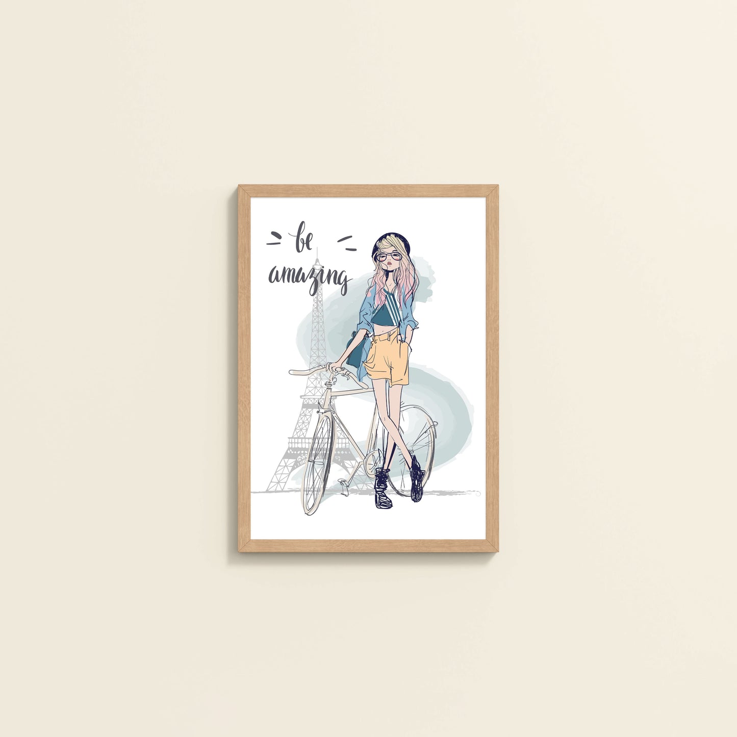 Wall View of Sunny Days – Girl with Bicycle Photo Frame in Natrual Color Frame