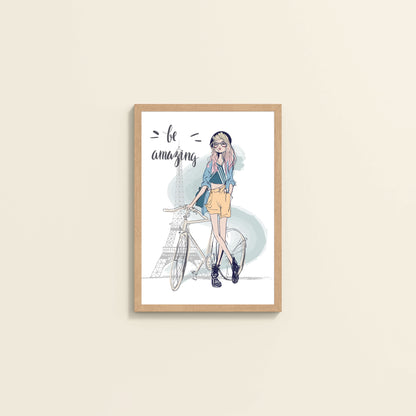 Wall View of Sunny Days – Girl with Bicycle Photo Frame in Natrual Color Frame