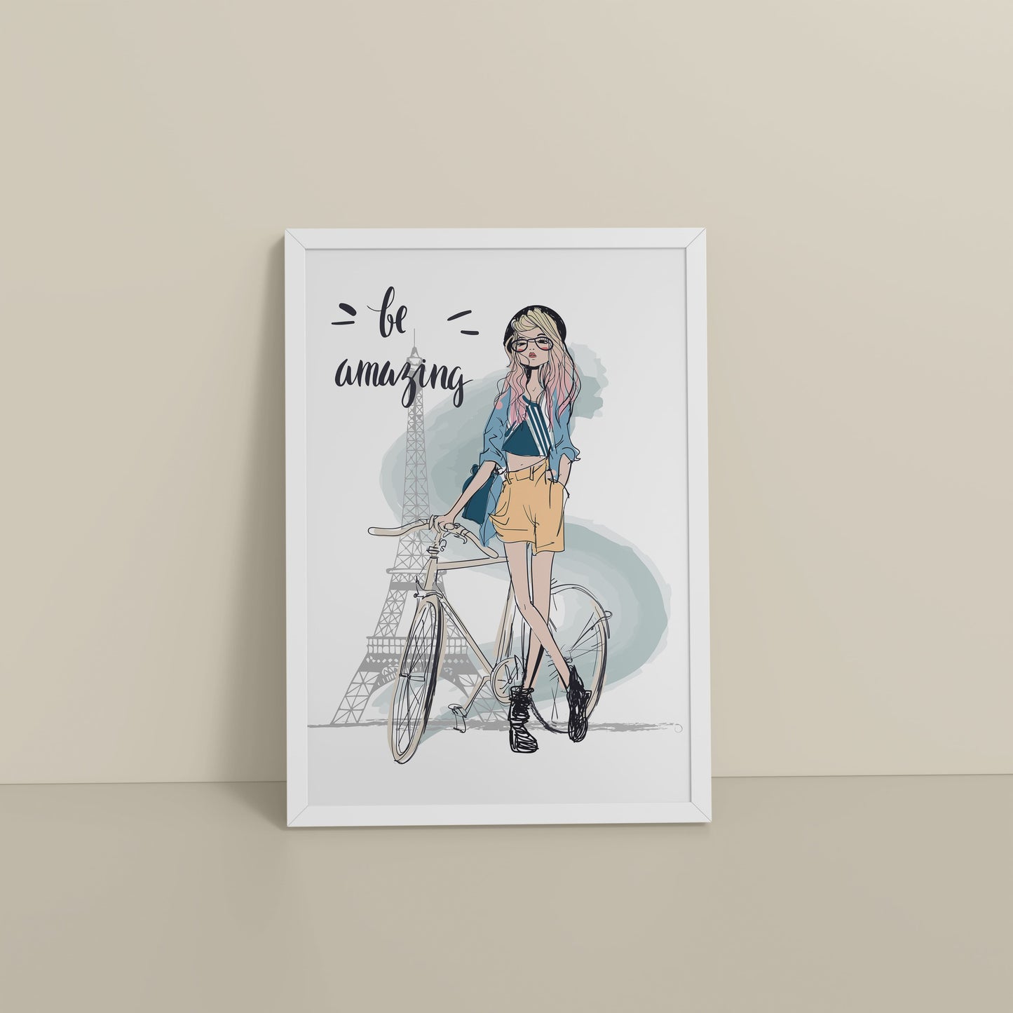 Floor View of Sunny Days – Girl with Bicycle Photo Frame in White Color Frame