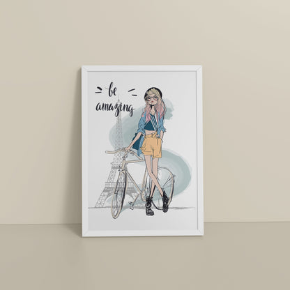 Floor View of Sunny Days – Girl with Bicycle Photo Frame in White Color Frame