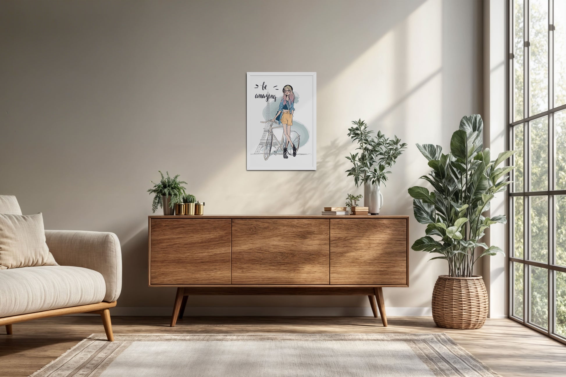 Living Room Cabinet Preview of Sunny Days – Girl with Bicycle Photo Frame in White Color Frame