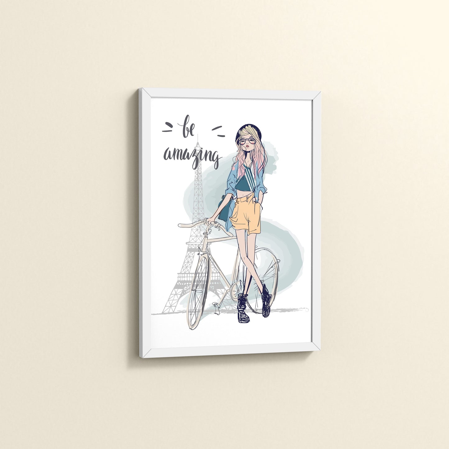 Side View of Sunny Days – Girl with Bicycle Photo Frame in White Color Frame
