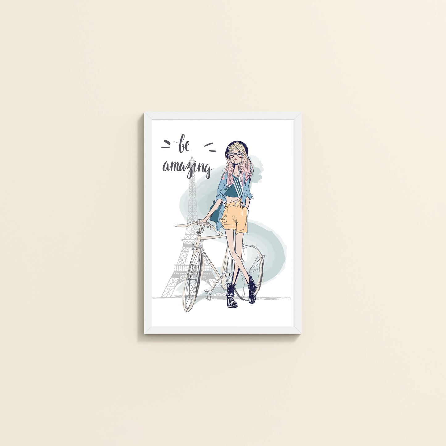 Wall View of Sunny Days – Girl with Bicycle Photo Frame in White Color Frame