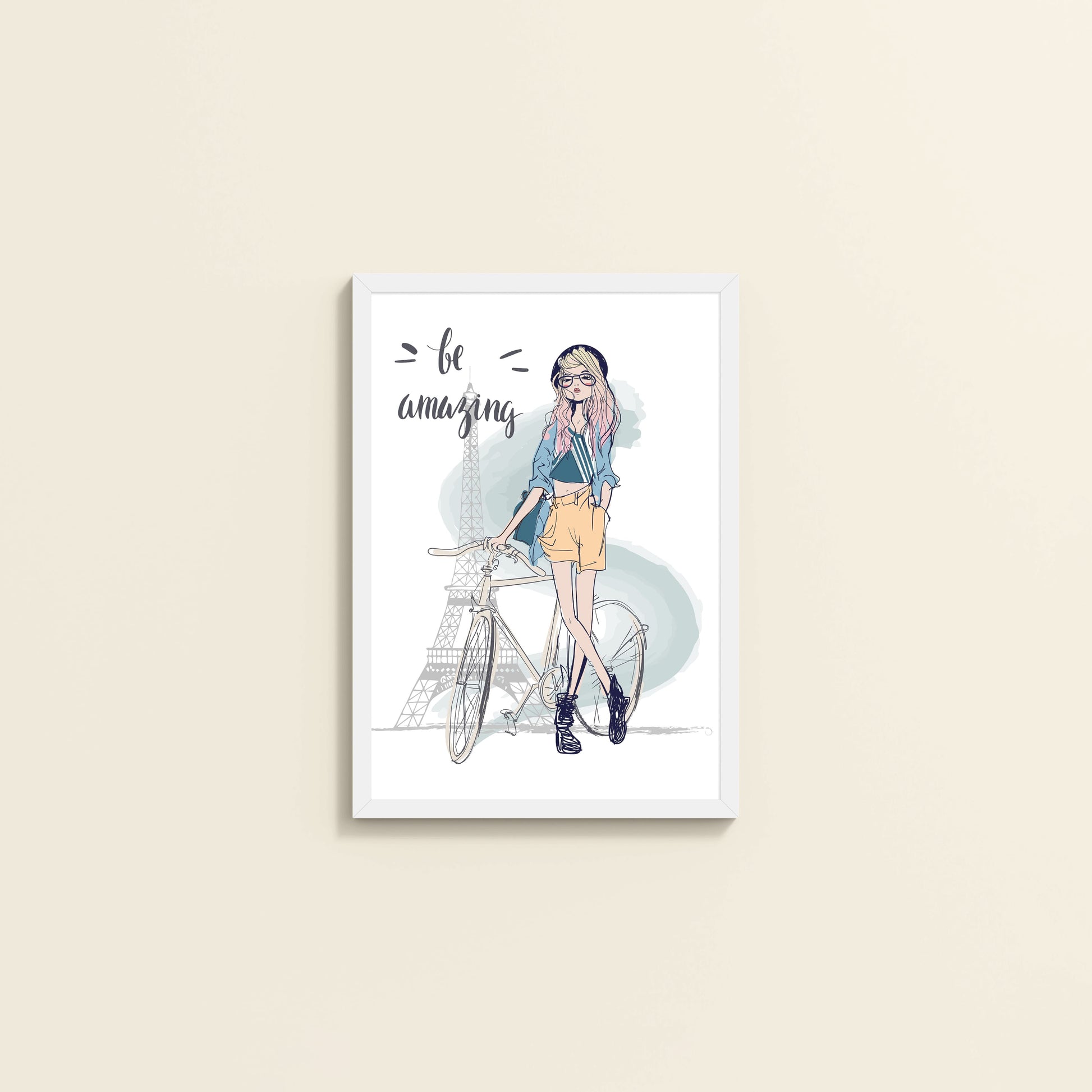 Wall View of Sunny Days – Girl with Bicycle Photo Frame in White Color Frame