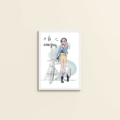 Wall View of Sunny Days – Girl with Bicycle Photo Frame in White Color Frame