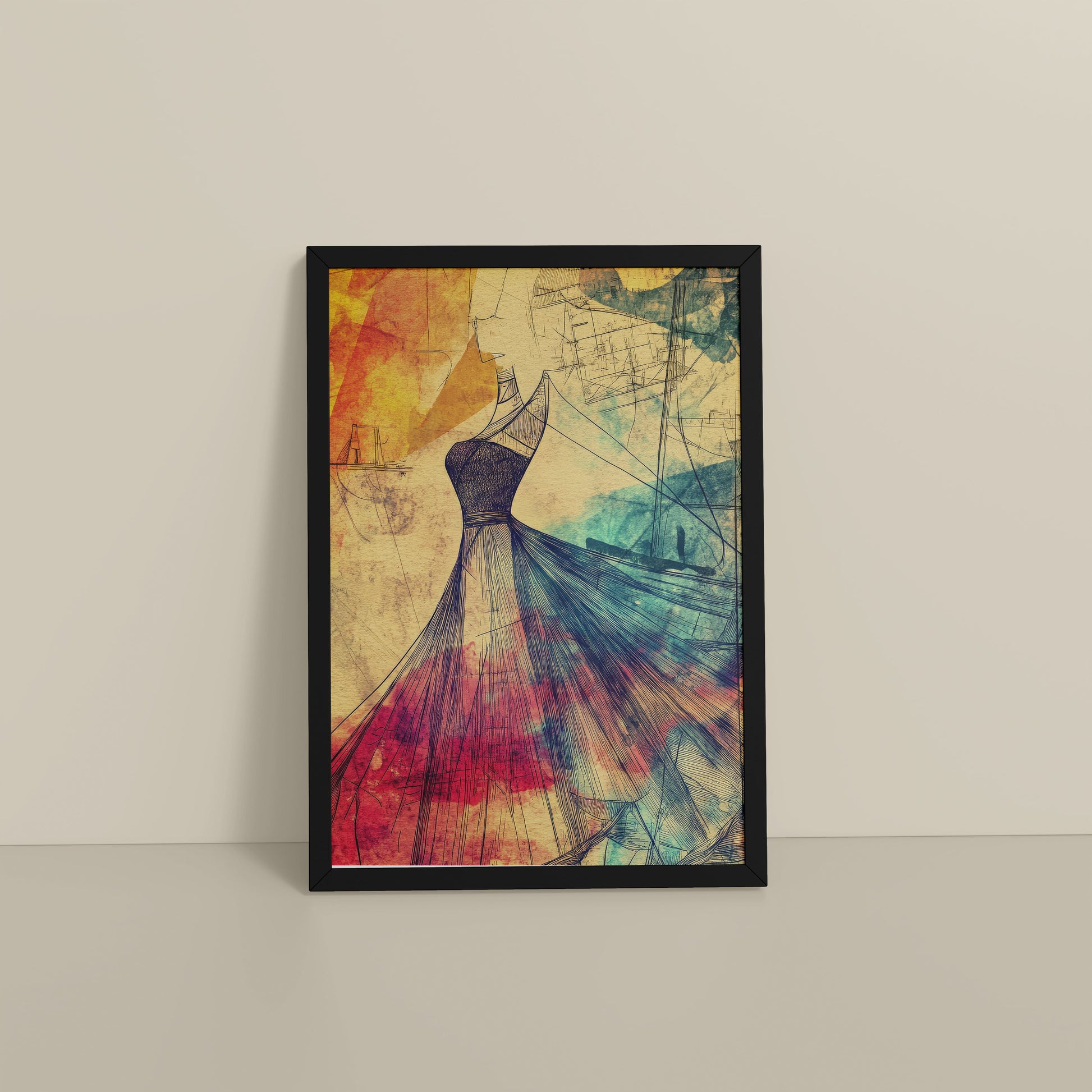 Floor View of Elegant Sketch – Vintage Dress Fashion Art Frame in Black Color Frame