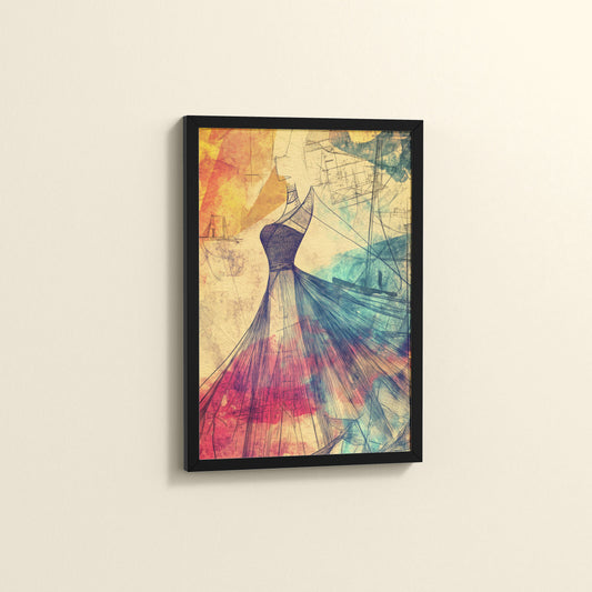 Side View of Elegant Sketch – Vintage Dress Fashion Art Frame in Black Color Frame