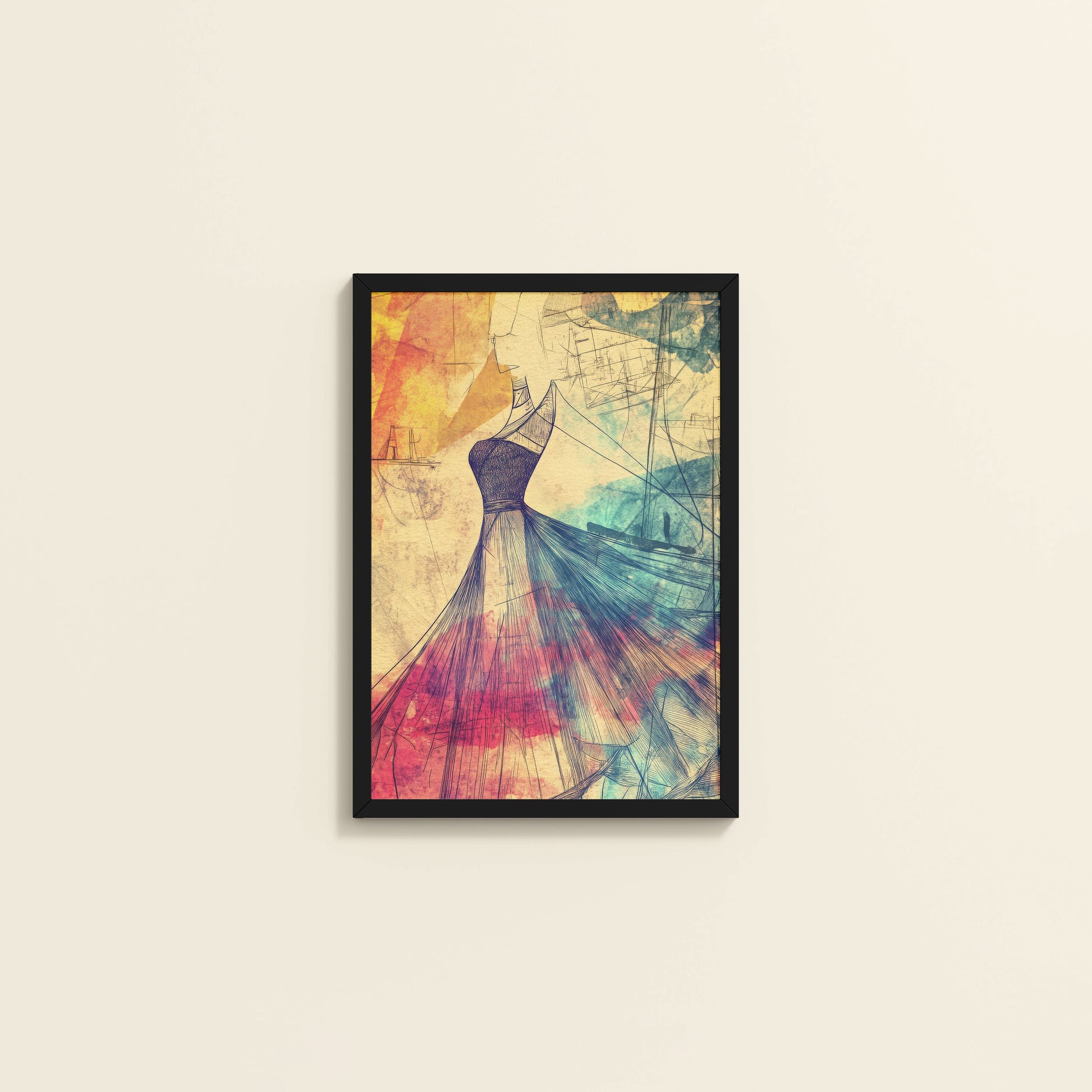 Wall View of Elegant Sketch – Vintage Dress Fashion Art Frame in Black Color Frame