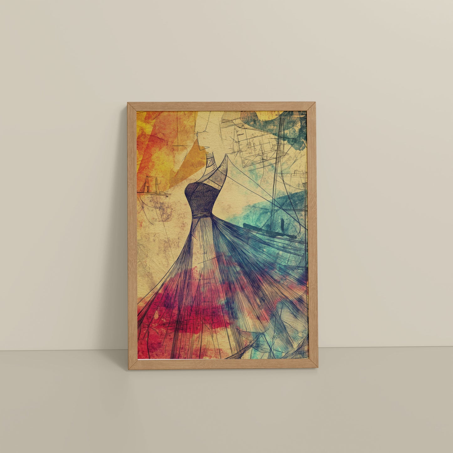 Floor View of Elegant Sketch – Vintage Dress Fashion Art Frame in Natrual Color Frame