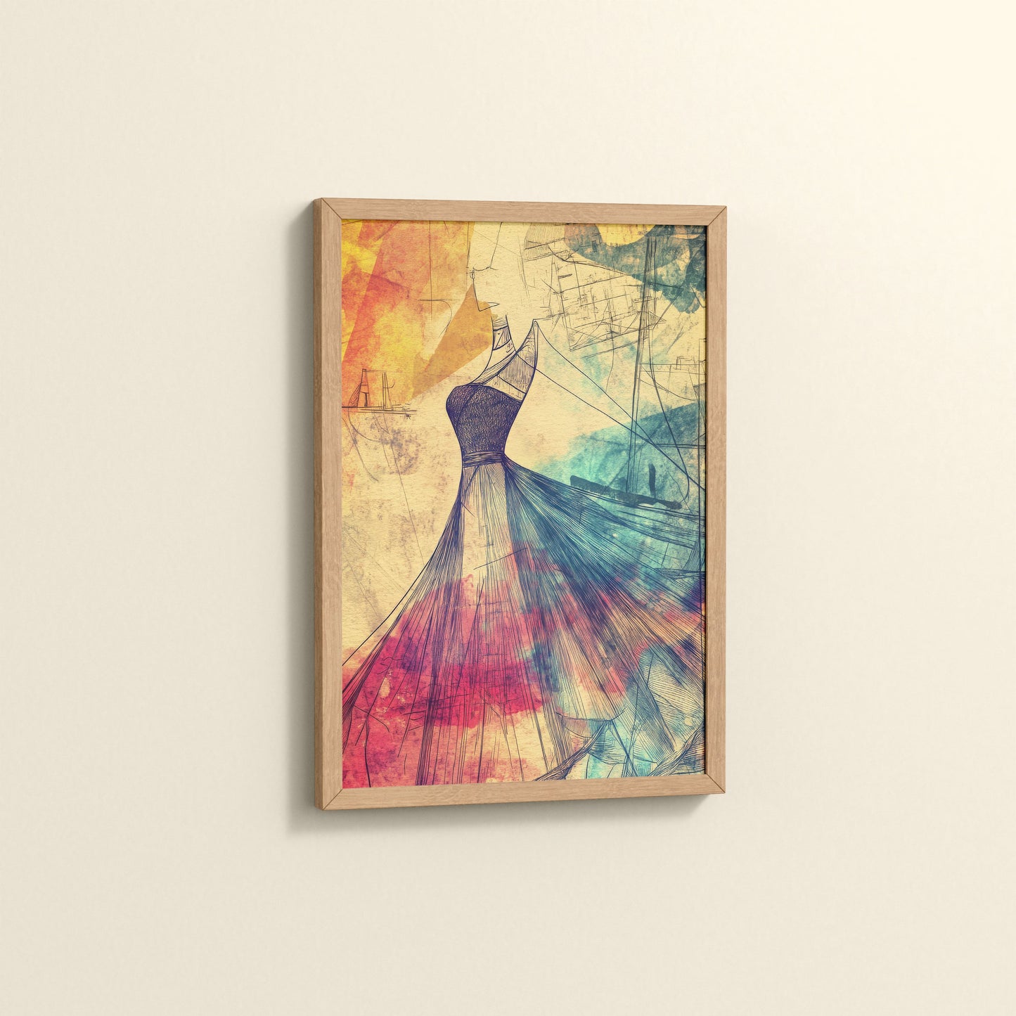 Side View of Elegant Sketch – Vintage Dress Fashion Art Frame in Natrual Color Frame