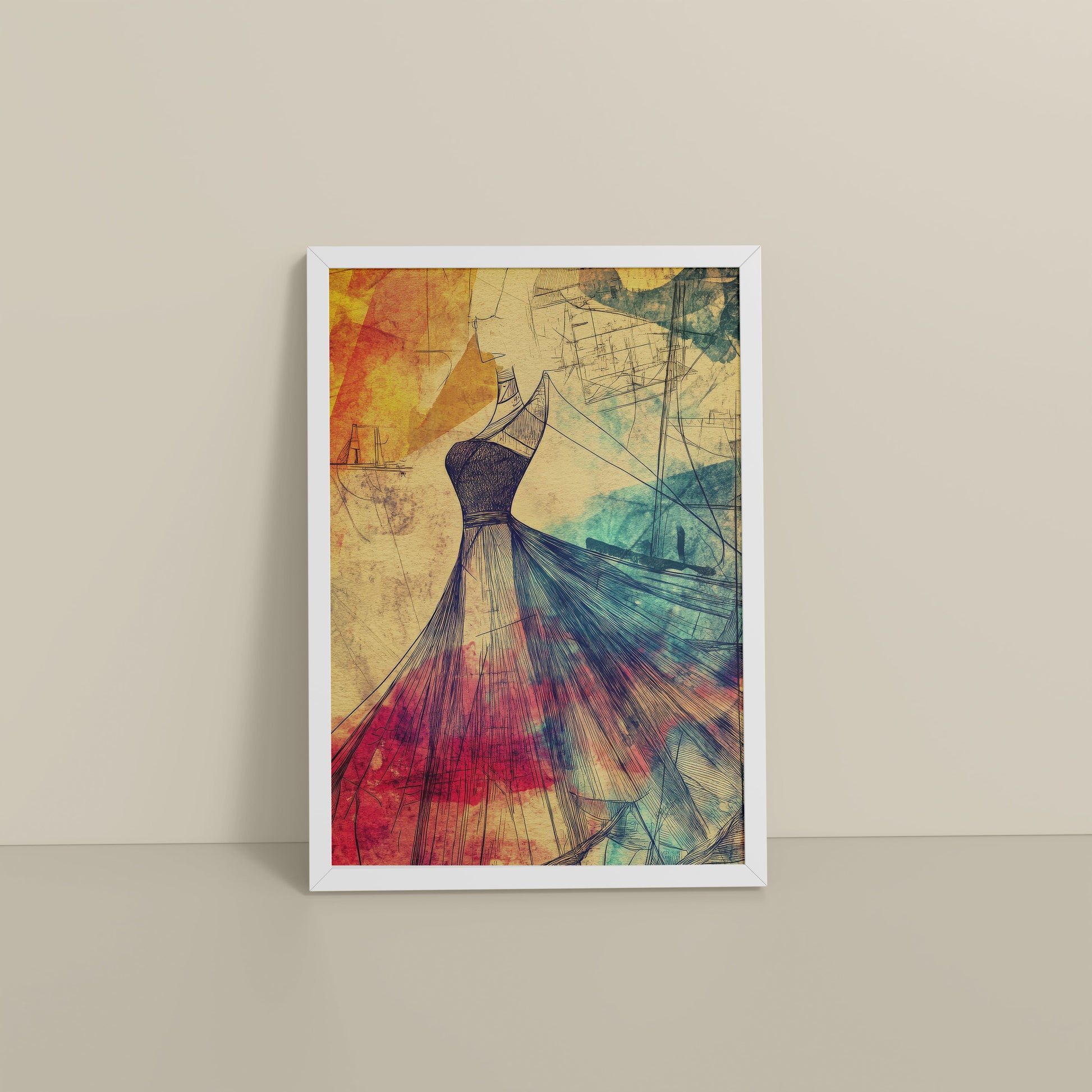 Floor View of Elegant Sketch – Vintage Dress Fashion Art Frame in White Color Frame