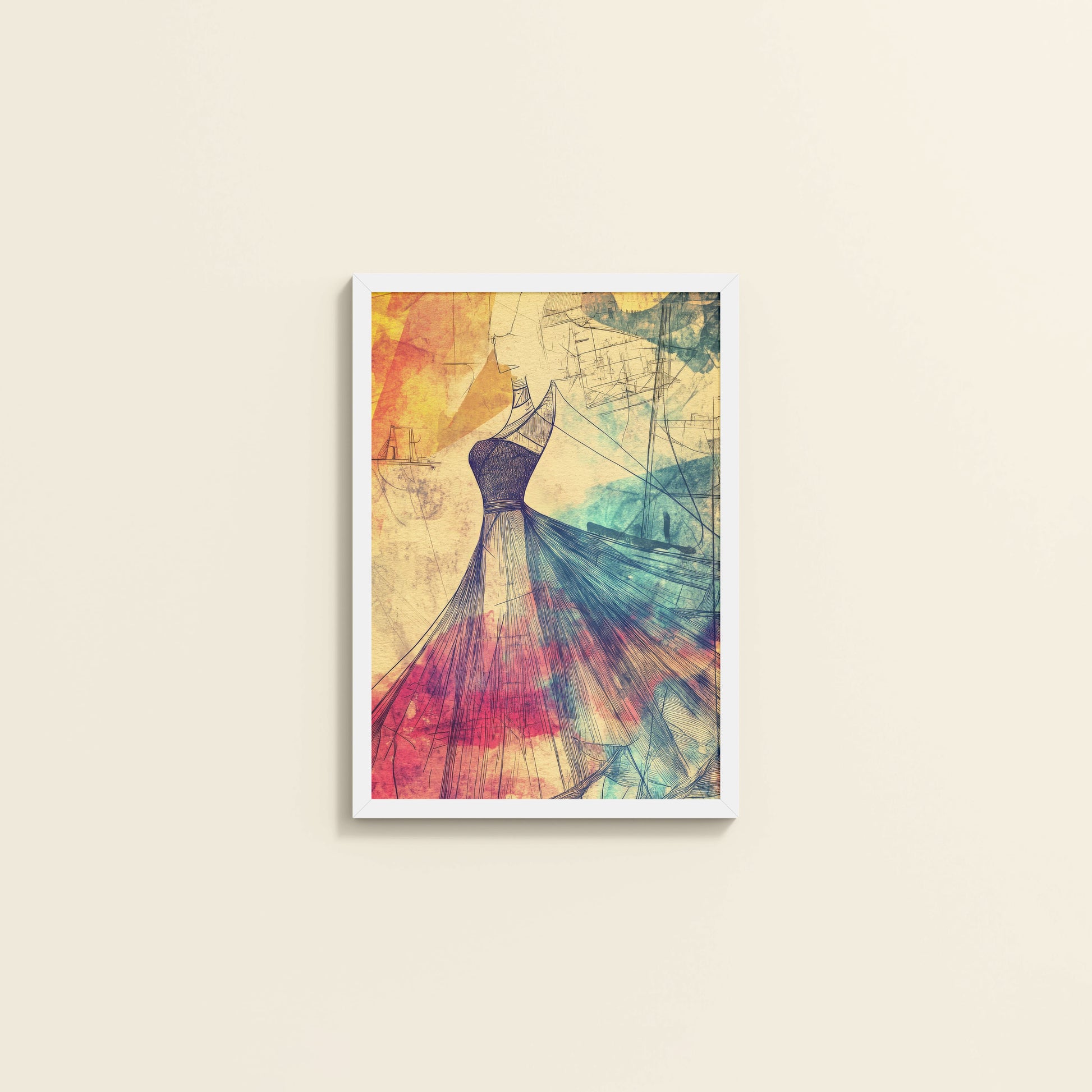 Wall View of Elegant Sketch – Vintage Dress Fashion Art Frame in White Color Frame