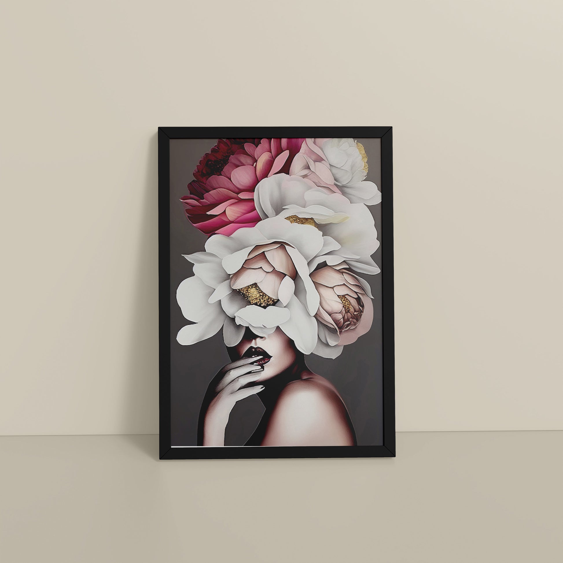 Floor View of Blooming Beauty – Abstract Female Floral Wall Art in Black Color Frame