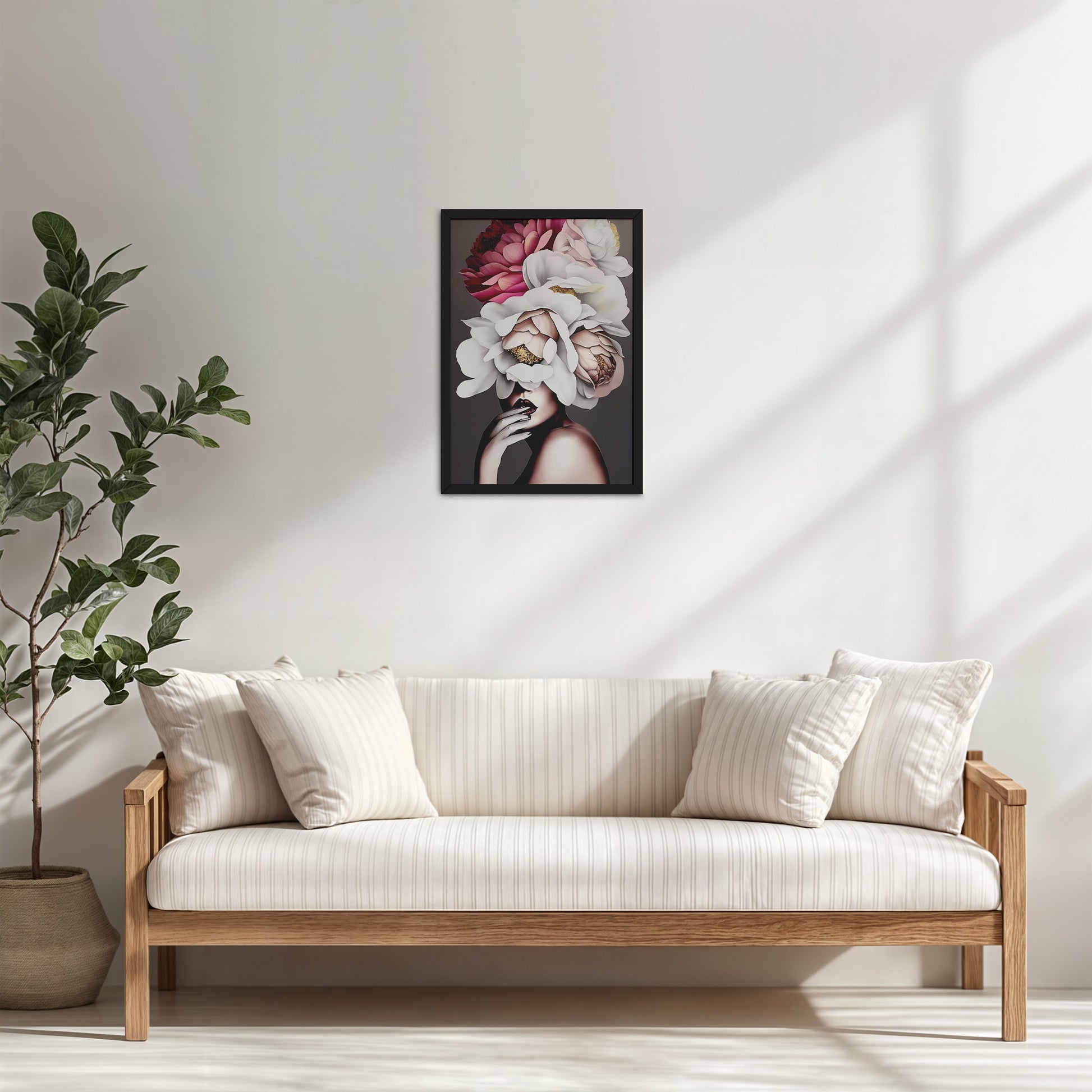 Living Room Cabinet Table Preview of Blooming Beauty – Abstract Female Floral Wall Art in Black Color Frame