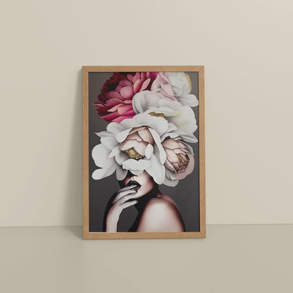 Floor View of Blooming Beauty – Abstract Female Floral Wall Art in Natrual Color Frame
