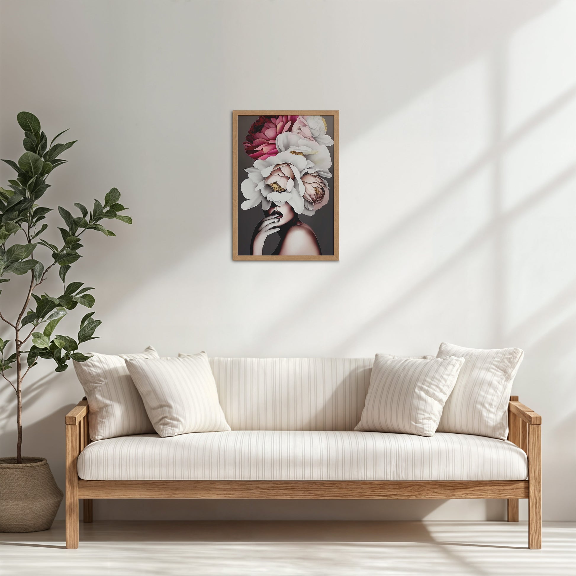 Living Room Cabinet Table Preview of Blooming Beauty – Abstract Female Floral Wall Art in Natrual Color Frame