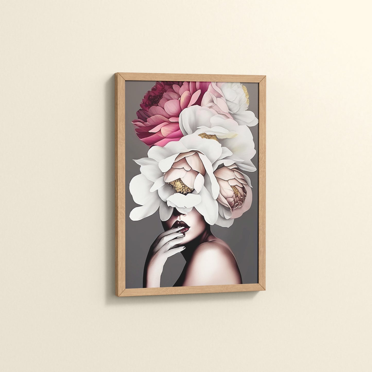 Side View of Blooming Beauty – Abstract Female Floral Wall Art in Natrual Color Frame