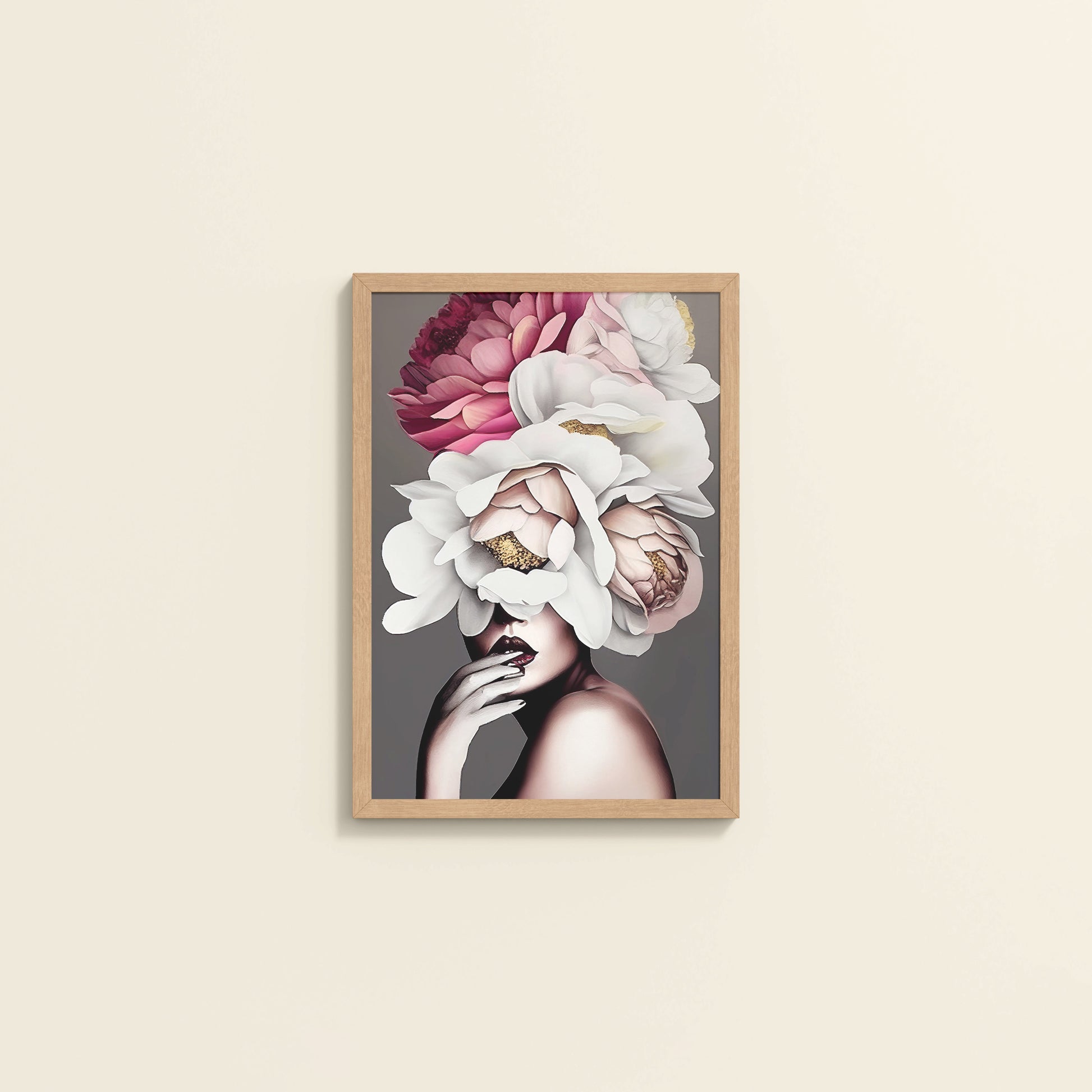 Wall View of Blooming Beauty – Abstract Female Floral Wall Art in Natrual Color Frame